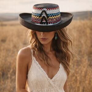 Vintage Southwest Statement Straw Hat Black Western Concho Festival Cowgirl Rare